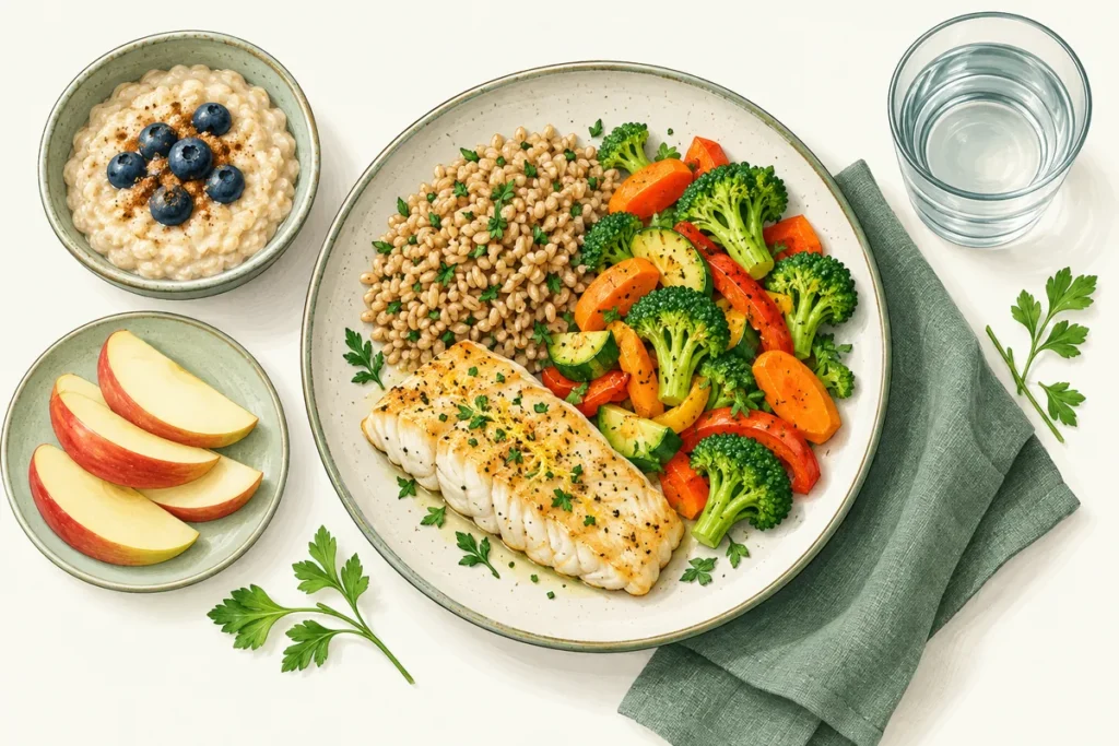 A balanced meal with fish, grains, vegetables, fruit and water
