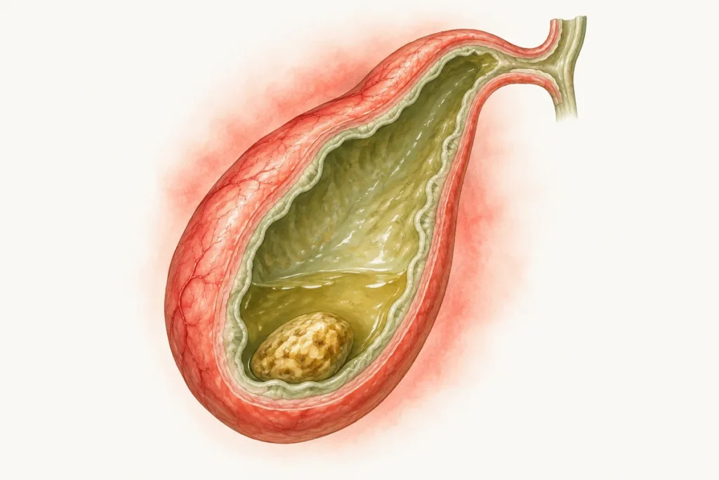 Thickened inflamed gallbladder wall in schematic cutaway