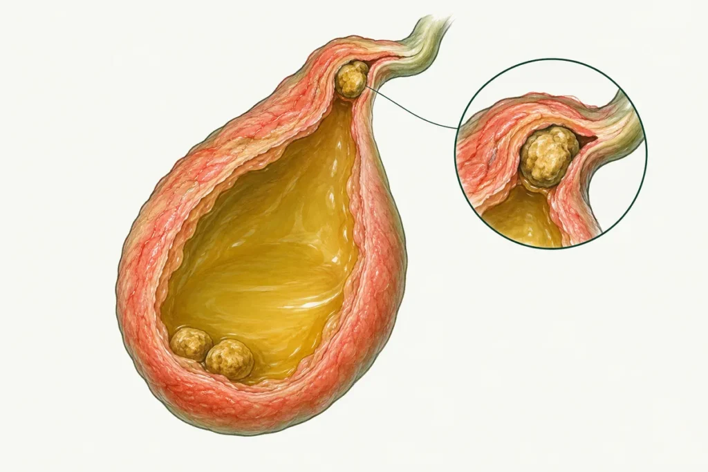 Stone at the gallbladder neck with inflammation of its wall