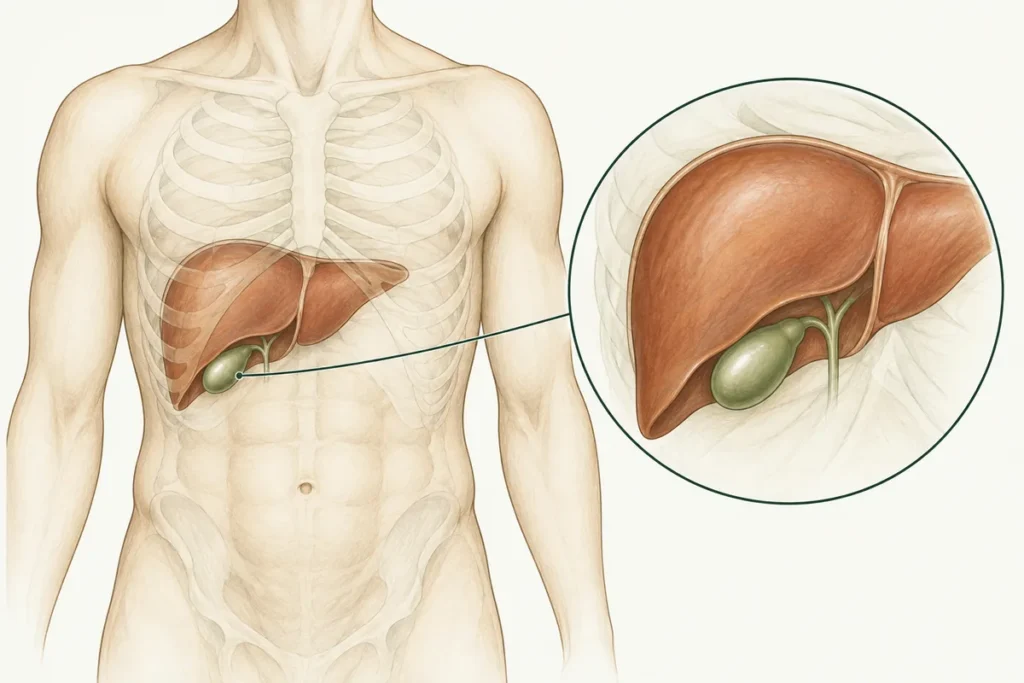 Gallbladder beneath the liver in the right upper abdomen