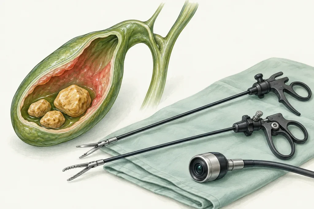 Gallbladder model containing stones beside laparoscopic instruments