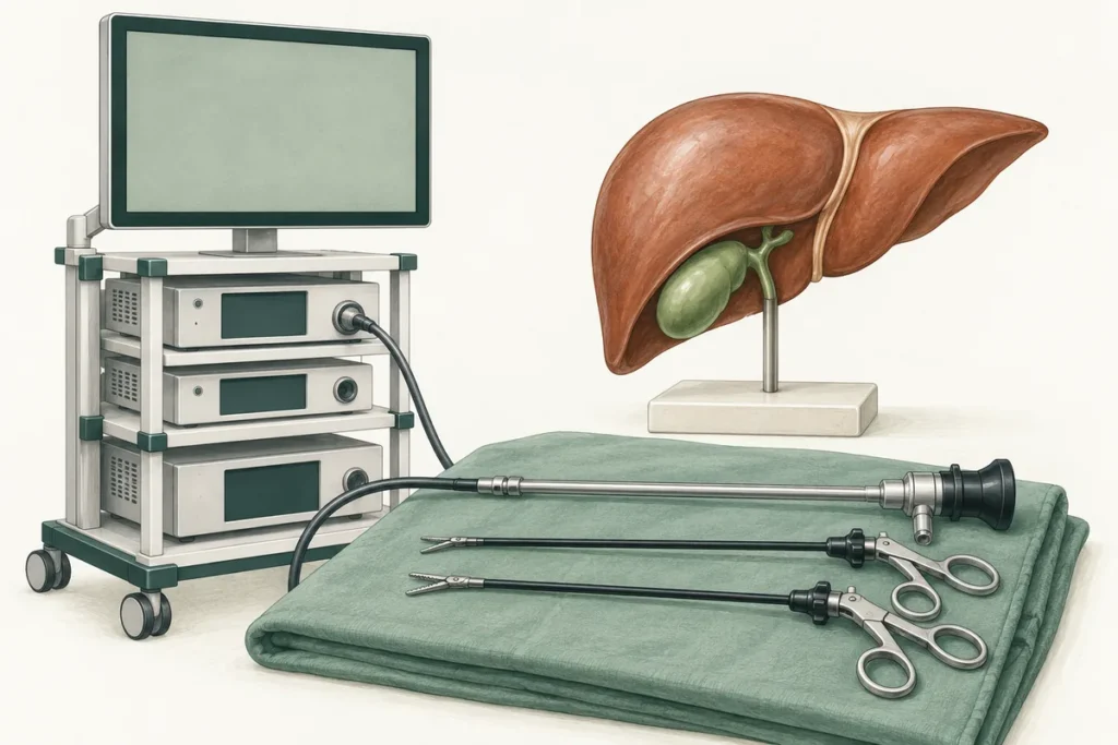 Laparoscopic tower, instruments and a liver-and-gallbladder teaching model